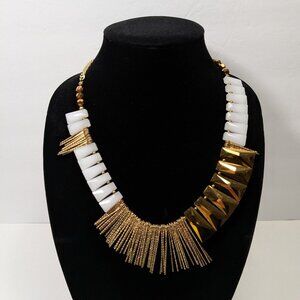 Nakamol Asymmetrical Bib Statement Necklace Gold Tone White Beaded Avant Garde